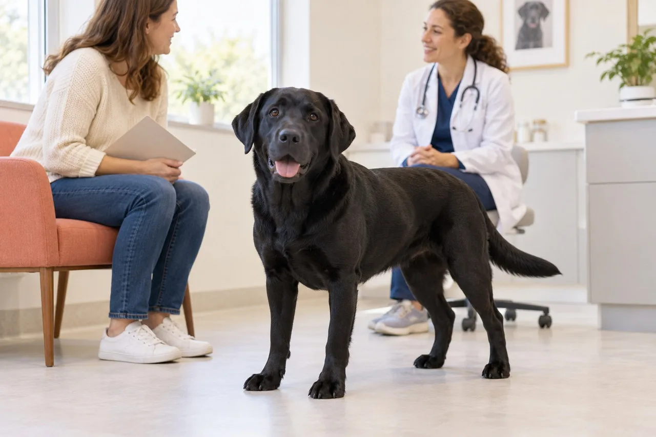 Owner discussing care with a veterinarian beside a black dog